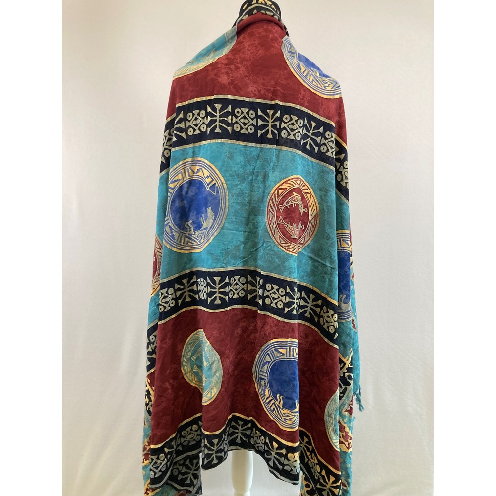 Boho Artisan Womens OS Teal Burgundy Batik Rayon Sarong Wrap Scarf